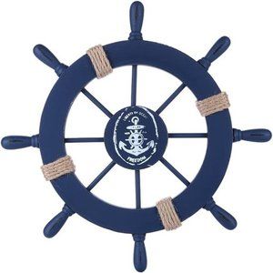 Beach Wooden Boat Ship Steering Wheel Fishing Net Shell Home Wall Decor, Blue